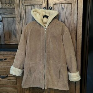 Washable Suede Leather Coat Faux Fur Lining Penny Lane Jacket Pockets Warm Large
